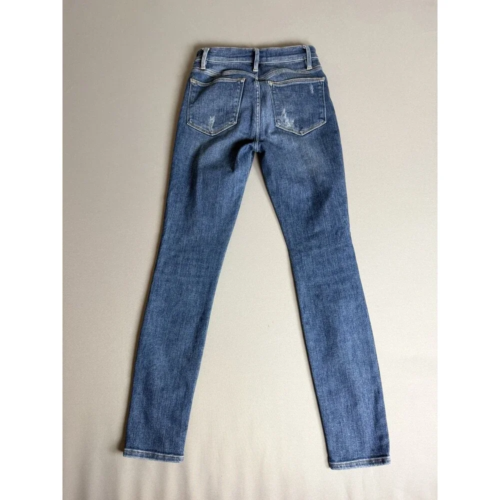 FRAME Le High Skinny Jeans Womens 27 Distressed Blue Stretch Denim Raw Hem - Picture 5 of 16